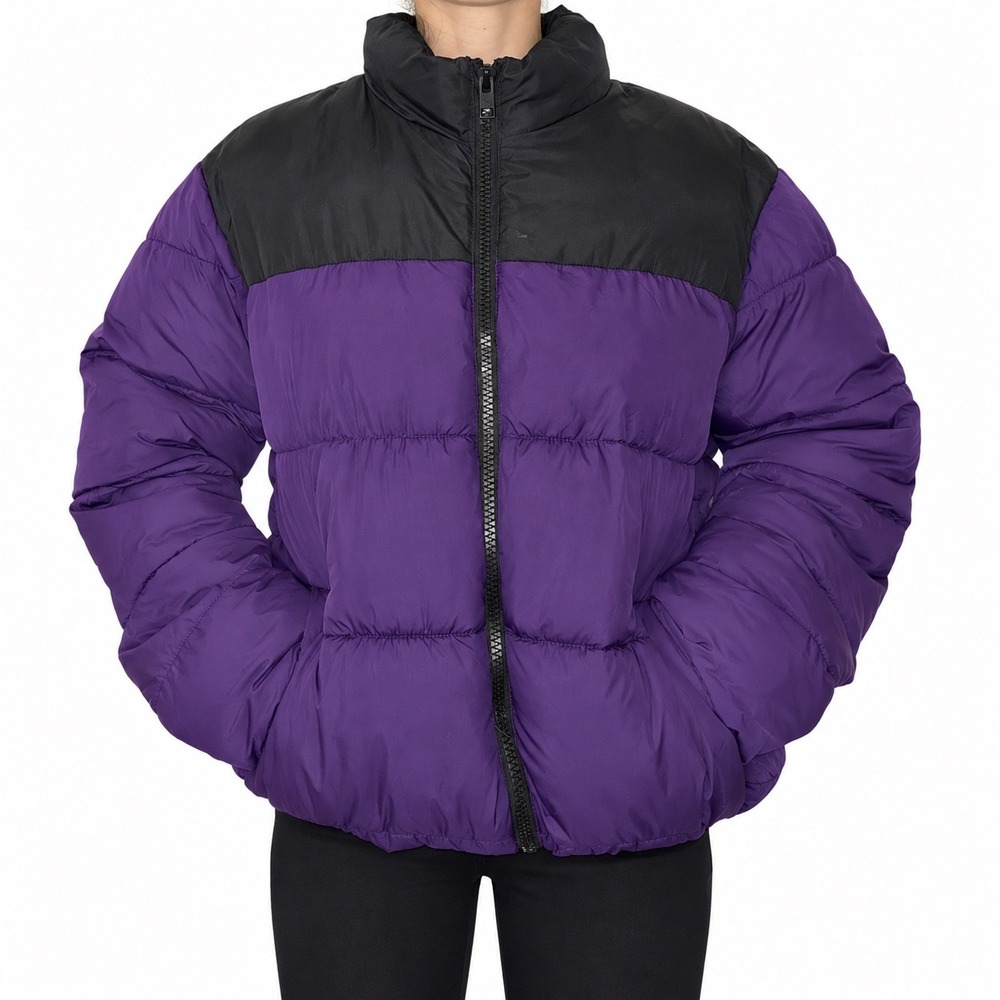 Jack & Jones Mens Puffer Jacket - Purple Black Colorblock Quilted Zip Up Coat